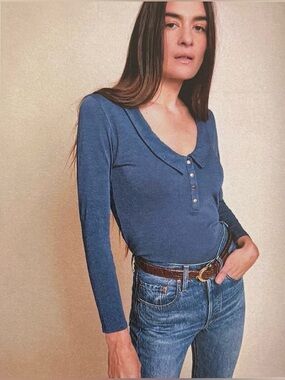 Nation LTD Jevin Retro Pilgrim Collar Long Sleeve Tee in Ocean Blue Small NEW